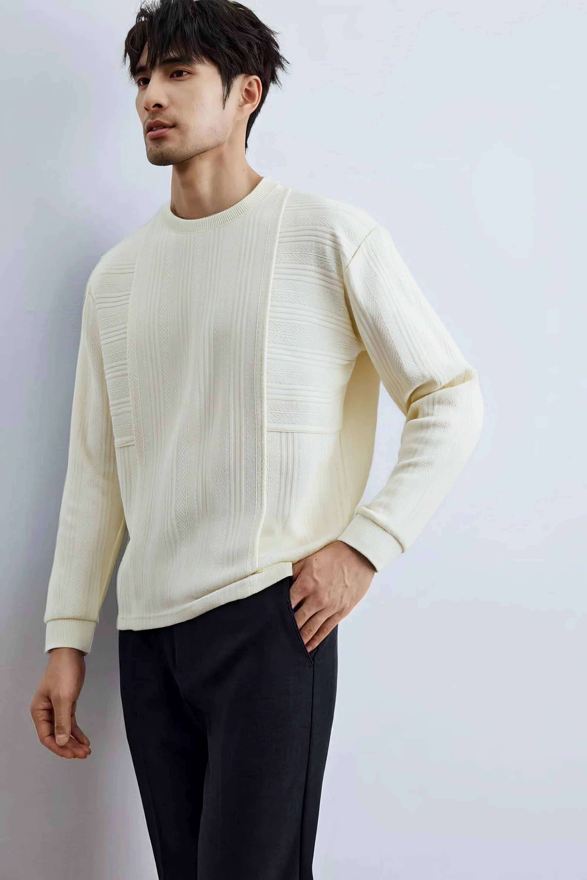 Men's long sleeve knit sweater with textured pattern from 4inme, featuring a cozy, stylish design in a neutral color.