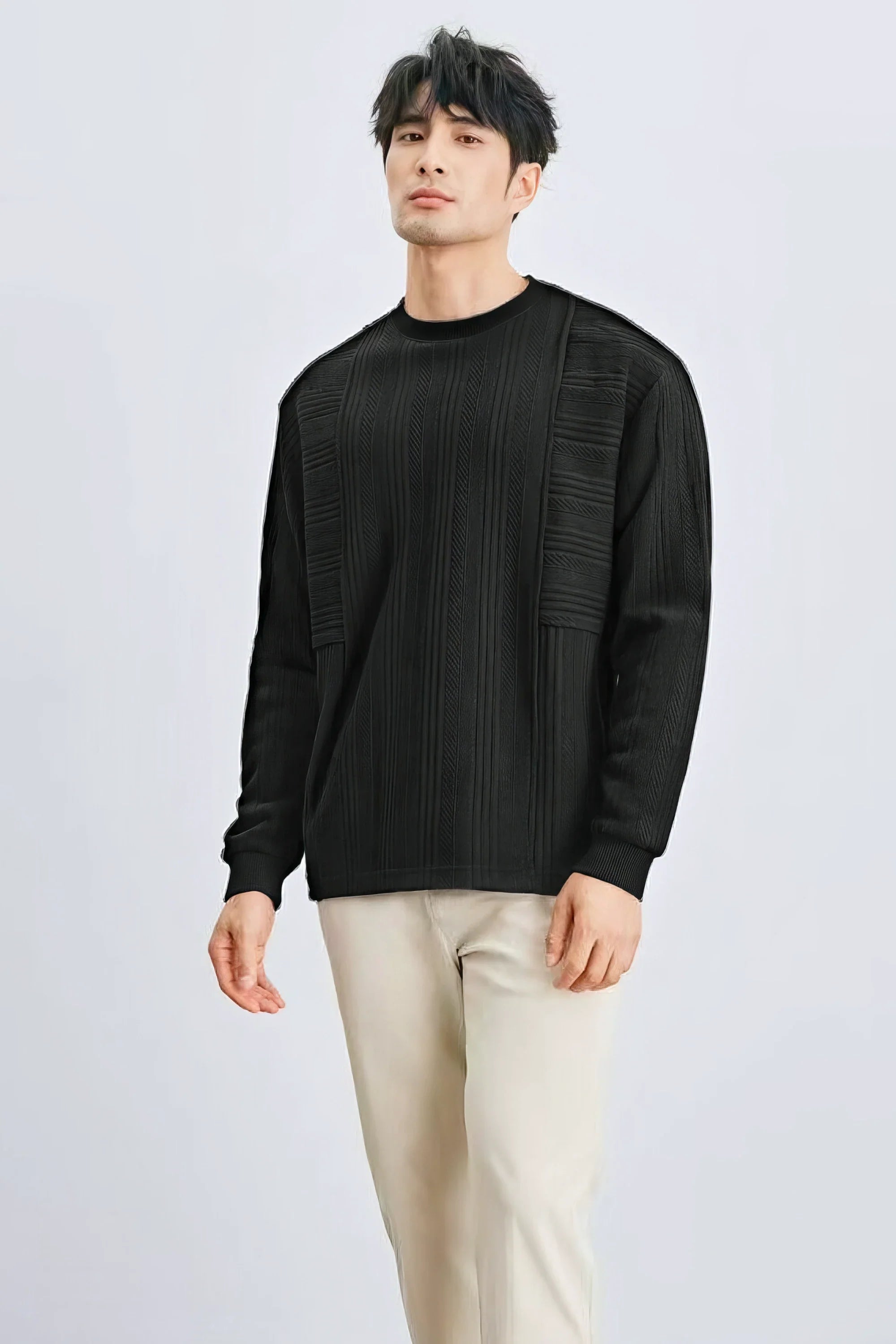 Men's long sleeve knit sweater with textured pattern from 4inme, featuring a cozy, stylish design in a neutral color.