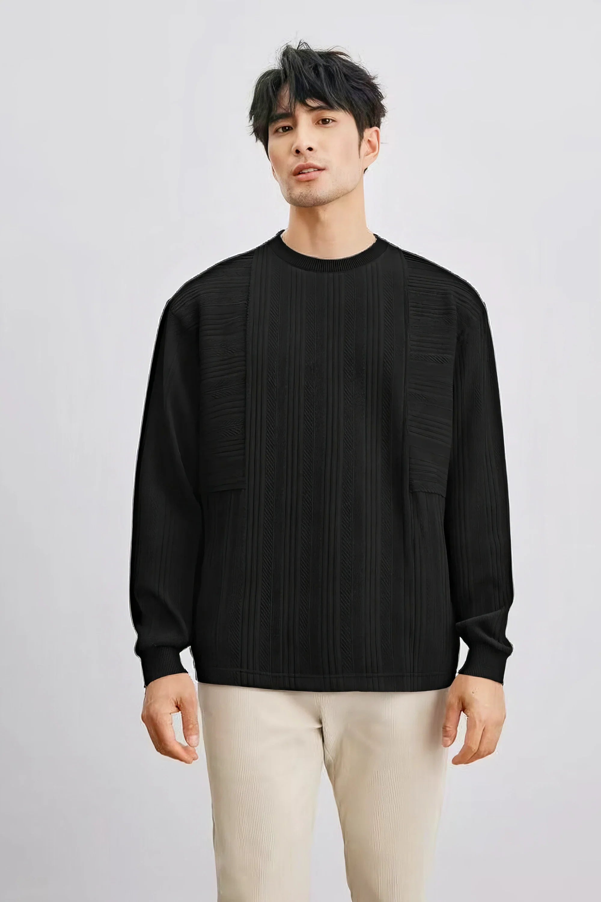 Men's long sleeve knit sweater with textured pattern from 4inme, featuring a cozy, stylish design for casual wear.