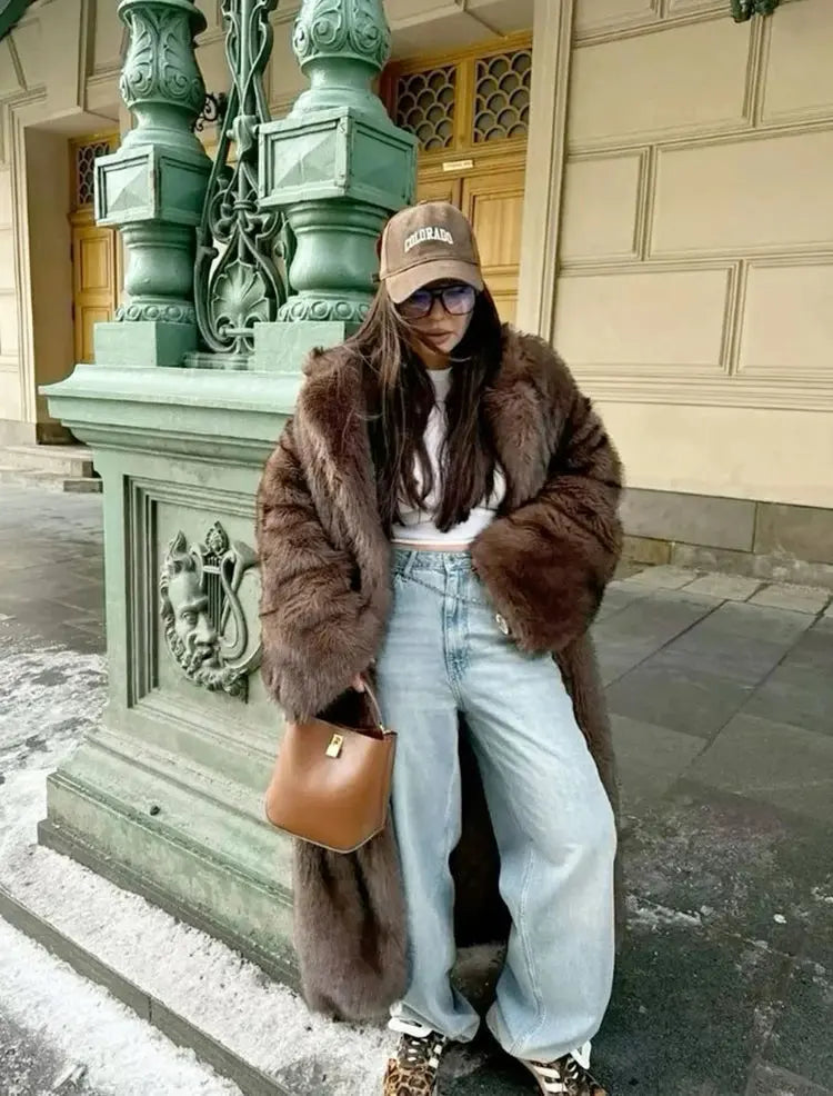 ZADORIN 120cm Super Long Luxury Winter Brown Faux Fur Coat Woman Elegant Belted Lapel Thick Fluffy Fur Jacket High Quality Coats ZITA LA BELLE ÉLITE