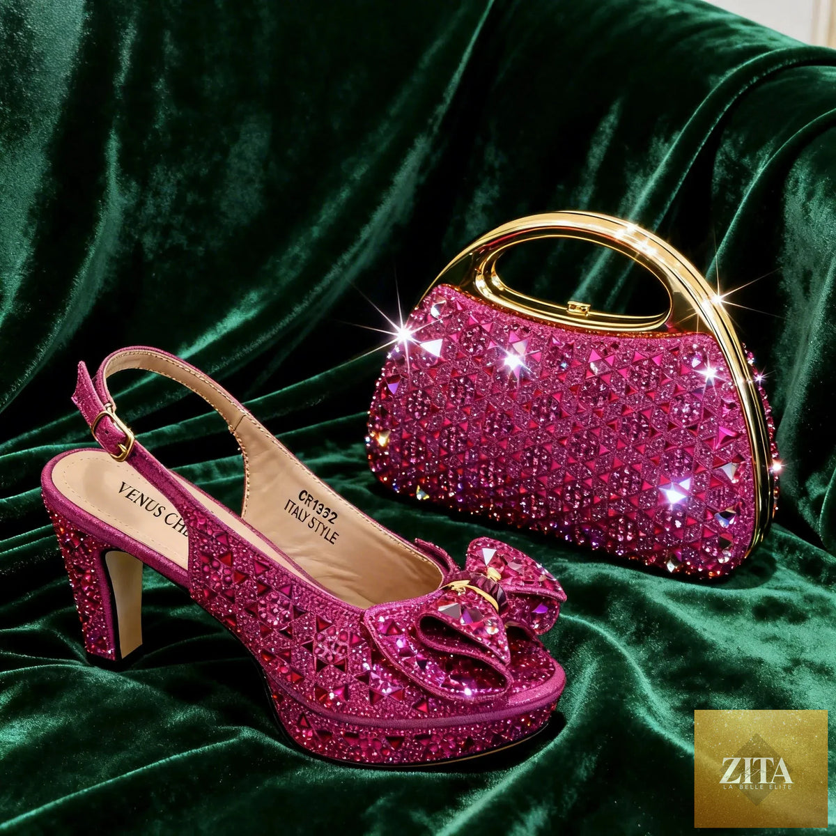 Elegant peep-toe high heel shoes and matching bag set by EdleessFashion, luxurious footwear and accessory ensemble.