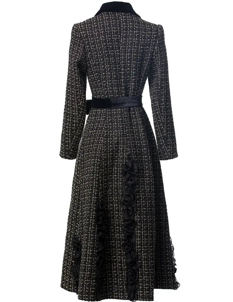 MoaaYina Winter Gray Black Coat With Grid Pattern And Double Breasted Lace Up Coat With Fungus Edge S-4XL ZITA LA BELLE ÉLITE