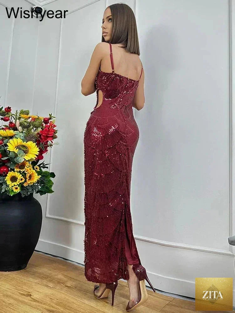 Elegant Femstylo women’s backless mermaid evening gown with sequin hollow-out spaghetti straps for party and wedding occasions.