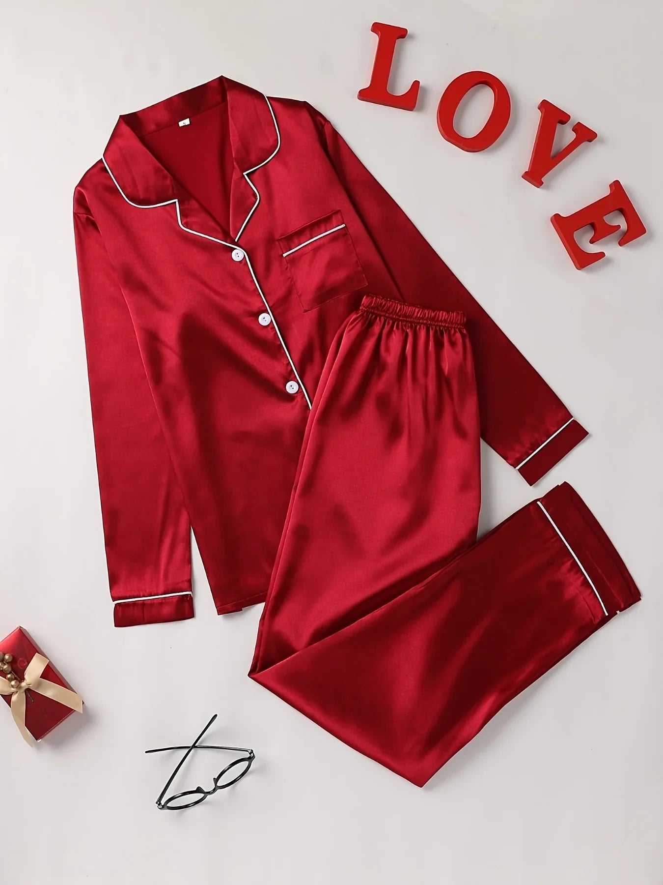 Women silk pajama set with long sleeve button-up lapel top and matching pants, comfortable and elegant sleepwear by SMinvite.