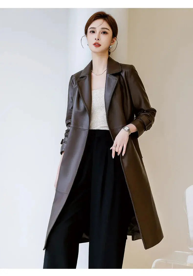 Women's Genuine Leather Trench Coat Lace-Up Long Slim Fit Spring Autumn Sheepskin Top ZITA LA BELLE ÉLITE