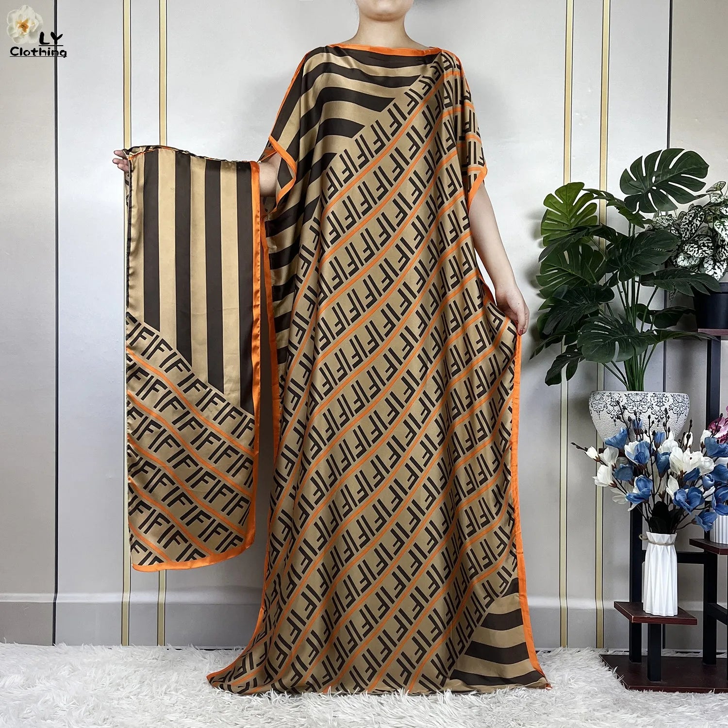 Women Printed Silk Soft Loose Maxi Party Dresses With Belt Turban