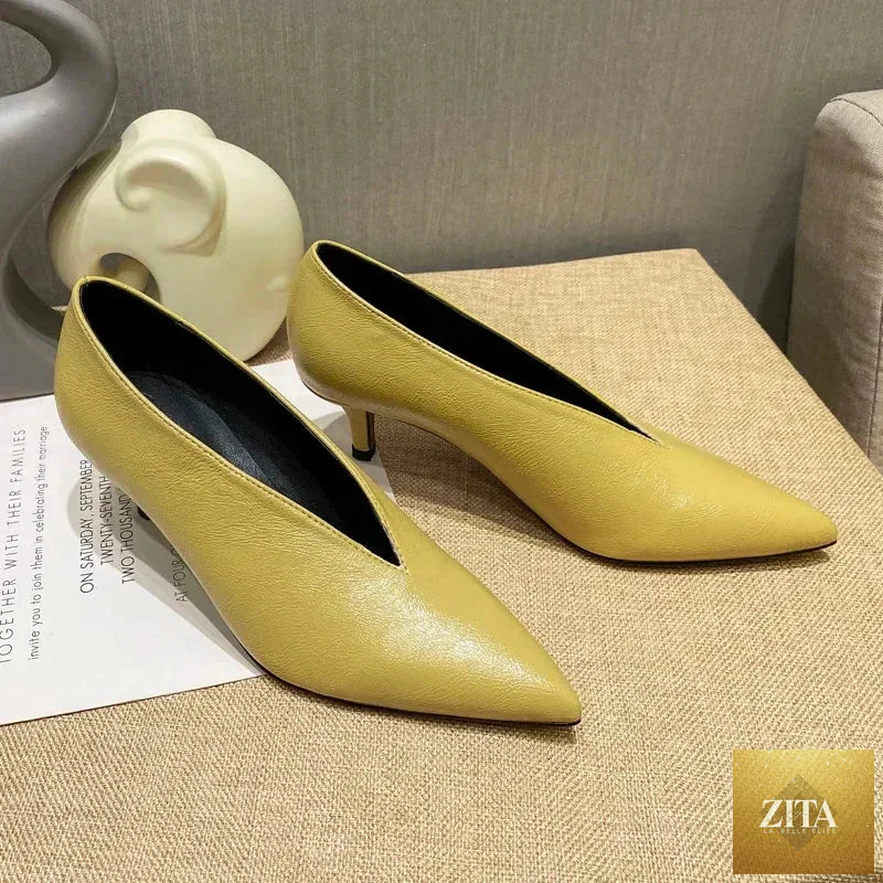 LadyShow.Store vintage high heel pumps with pointed toe and V-cut design, perfect for autumn evening fashion.