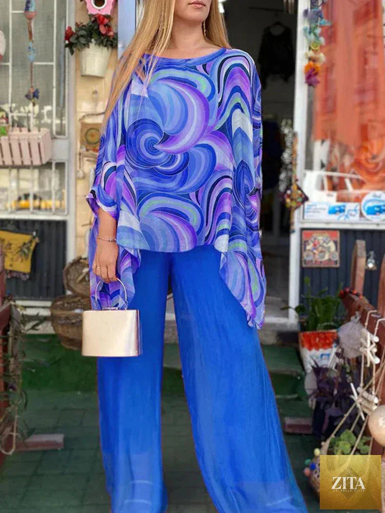 Zita La Belle Elite women’s chiffon two-piece set with O-neck long sleeve top and wide-leg pants, stylish and elegant.