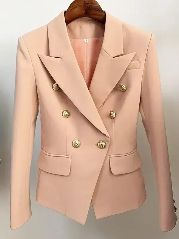 Women's leather blazer by Femstylo featuring a classic double-breasted style with metal lion buttons, available in sizes S to 5XL.