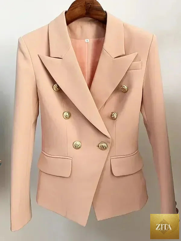 Women's leather blazer by Femstylo featuring a classic double-breasted style with metal lion buttons, available in sizes S to 5XL.