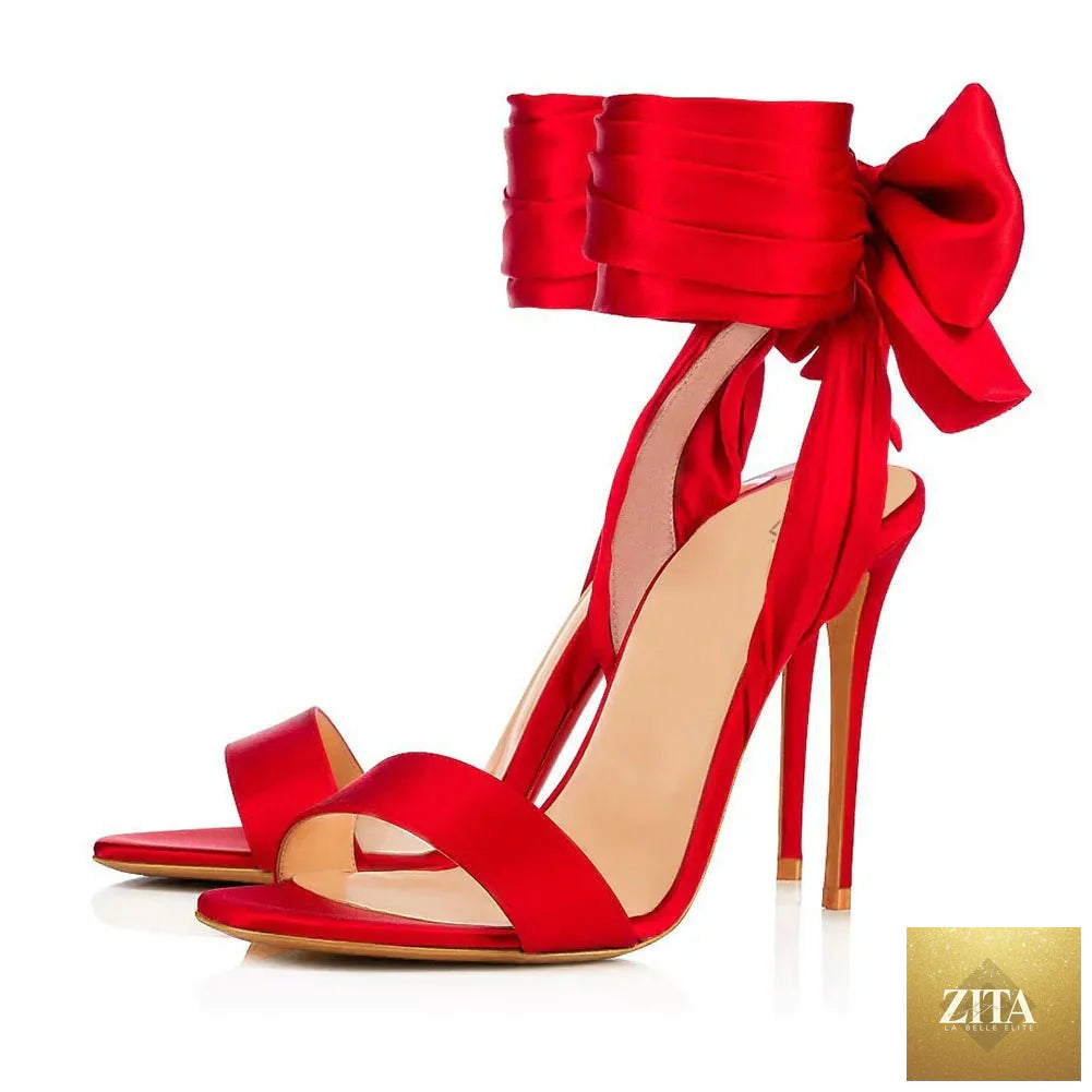 Summer satin bow cross-band open-toe women sandals with high heels, featuring a sleek thin heel and elegant design.