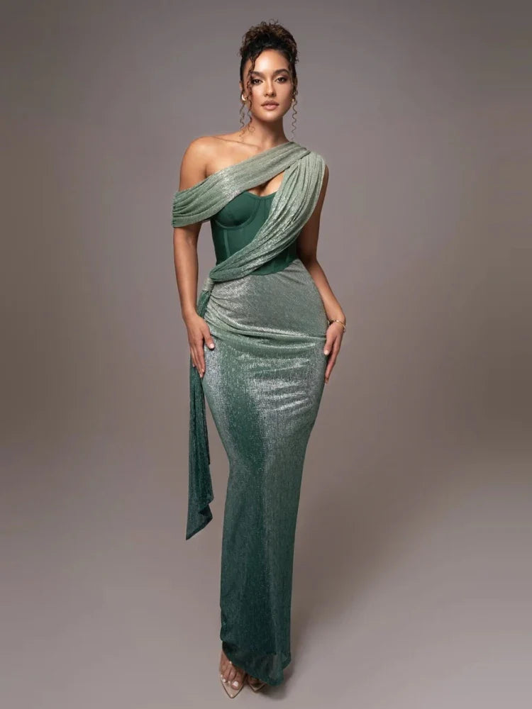 Brown one-shoulder glitter long dress for women by FLIPSTYLEZLLC, featuring a backless, bodycon design perfect for evening parties.