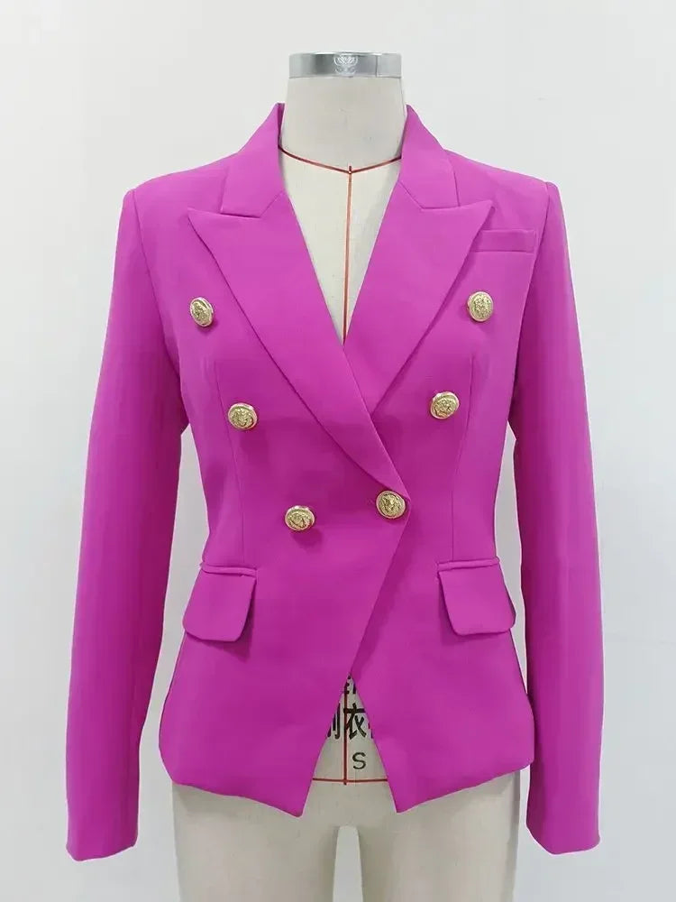 Femstylo women's leather blazer jacket with double-breasted design, metal lion buttons, size S-5XL, stylish outerwear for 2024.