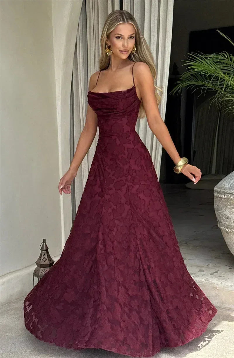 Femstylo spaghetti strap backless maxi dress for women, off-shoulder lace-up evening gown, perfect for parties and club nights.