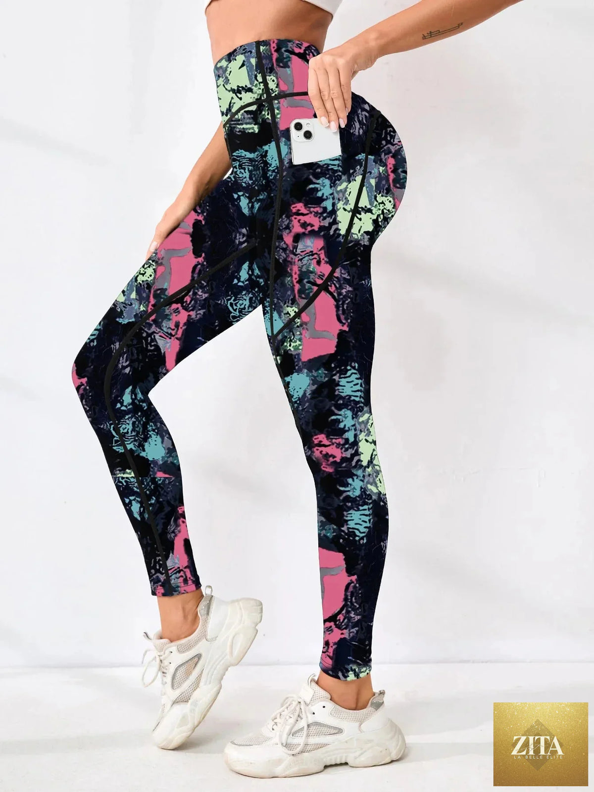 Printed high-waist pocket fitness leggings for women by FitiqueFit, featuring a stylish pattern and comfortable fit.