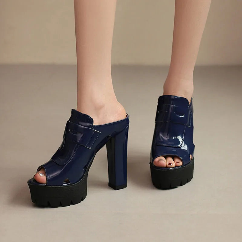Women’s platform high heel sandals by LadyShow with chunky heels, patent leather slides, perfect for summer and stylish footwear.