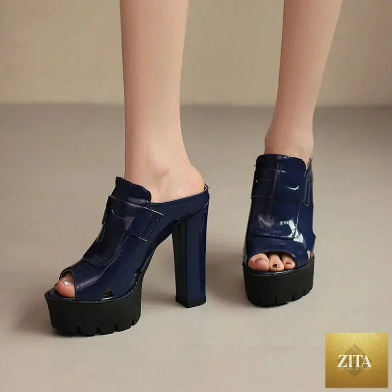 Women's platform sandals by LadyShow with high chunky heels, patent leather straps, summer slide shoes, sexy and stylish.