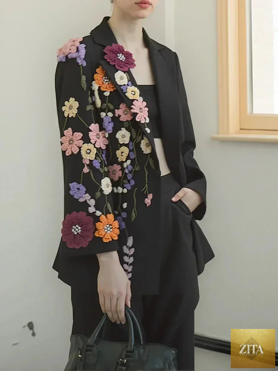 Fashion blazer for women with hit color spliced appliques, lapel, long sleeves, patchwork, and bead details by Femstylo.