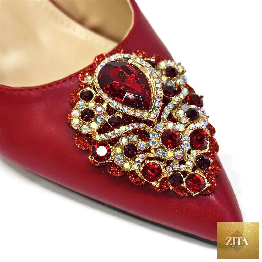 Luxurious EdleessFashion women's crystal pointed high heels shoe bag set, stylish shoes and matching bags for elegant fashion.