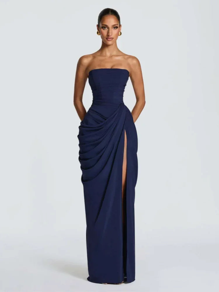 Solid pleated strapless women's dress by FLIPSTYLEZLLC featuring a backless, off-shoulder design, high waist, and side slit for summer evenings.