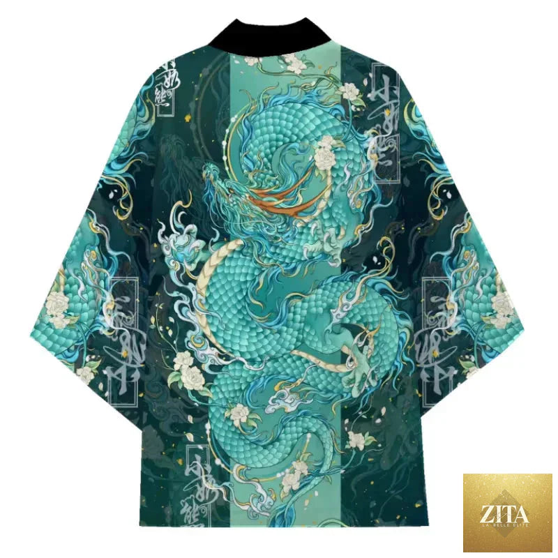 Japanese style anime dragon print haori yukata from FitiqueFit, featuring vibrant dragon artwork on lightweight streetwear fabric.