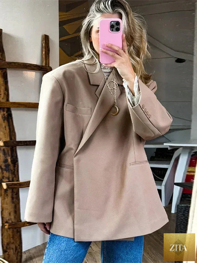 Women's Femstylo V-neck long sleeve suit jacket with side buttons, solid color, oversized fit, pocket cuffs, high street style.