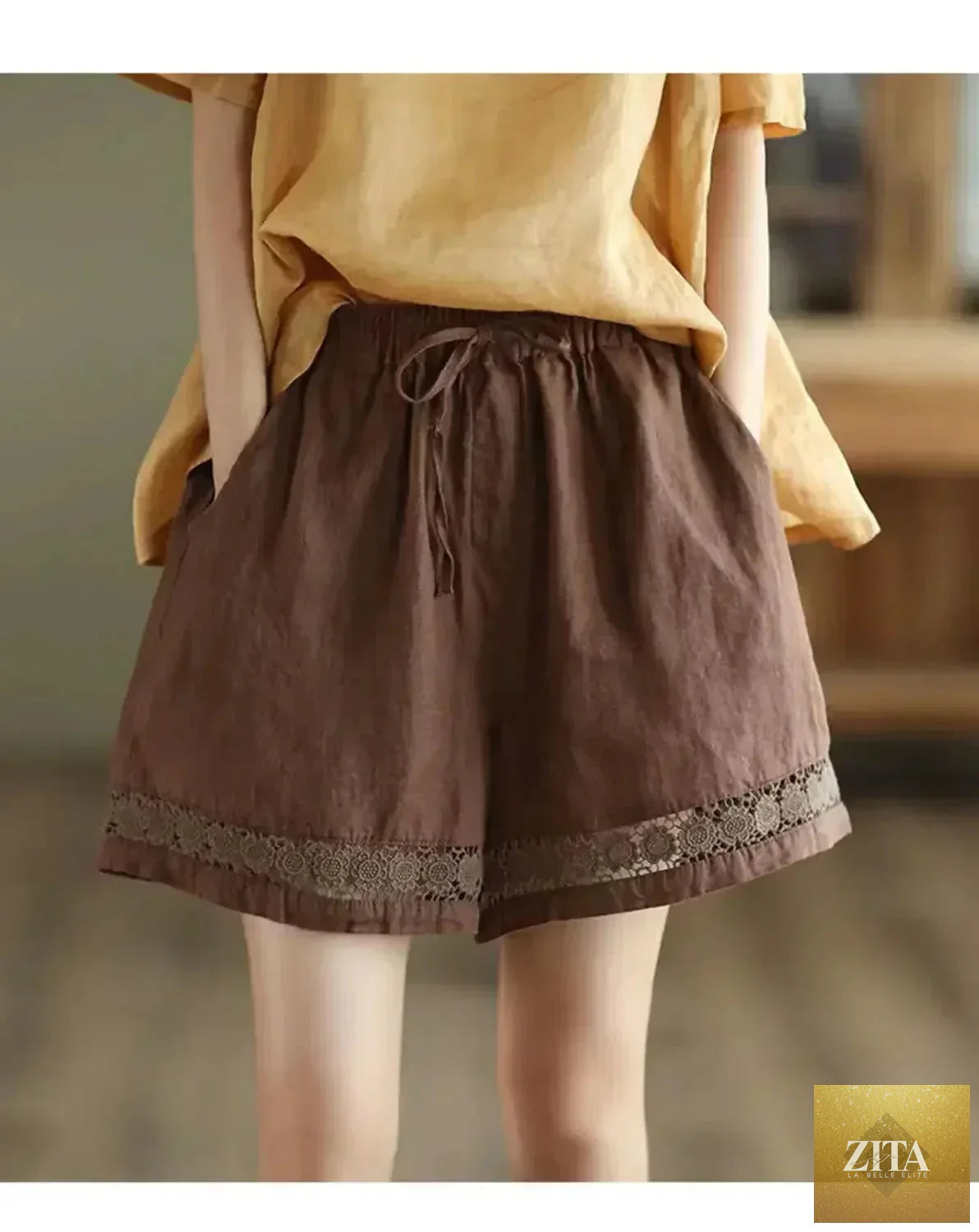 Cotton linen vintage high-waist shorts with tie-belt, embroidery, and hollow design by Femstylo, casual straight fit.