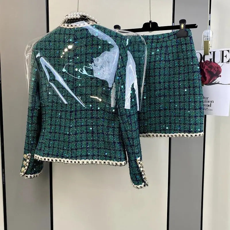 Women Elegant Winter Tweed Fragrant Suit Jacket Coat Top & Skirt Two Piece Set