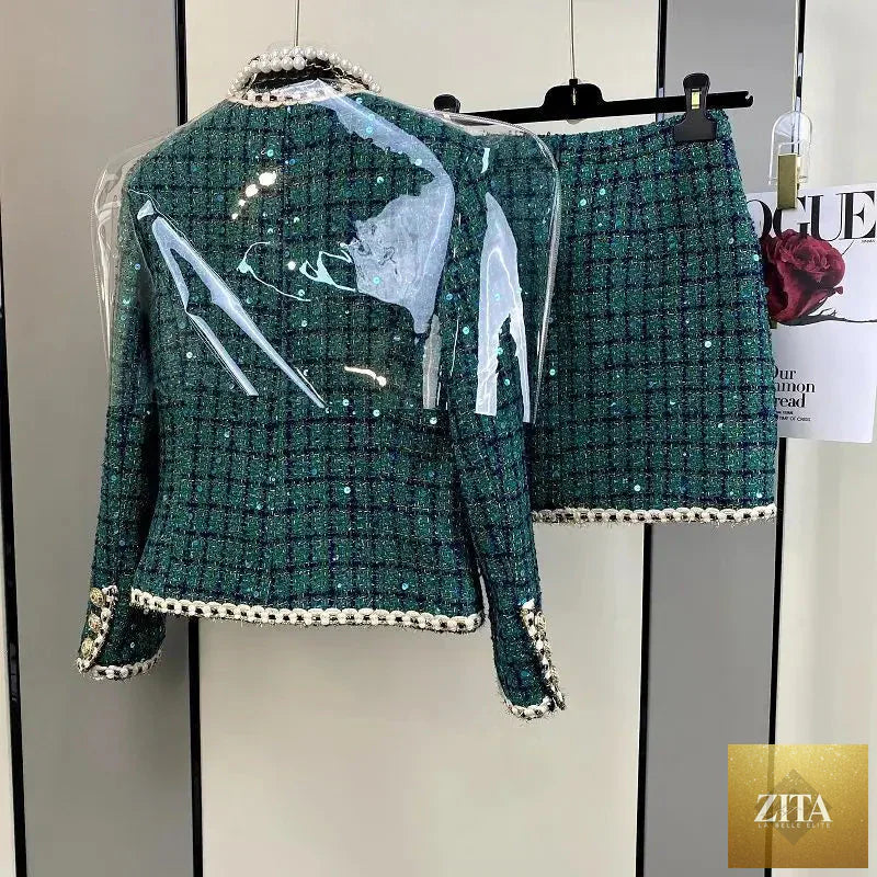 Elegant women's winter tweed suit set featuring a tailored jacket and matching skirt, perfect for sophisticated winter style.