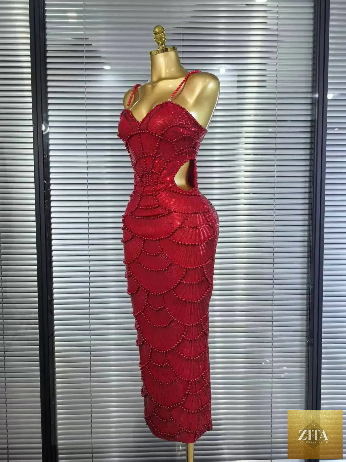 Pearl beaded sleeveless Christmas party dress by Femstylo, sleek bodycon gown perfect for festive celebrations.