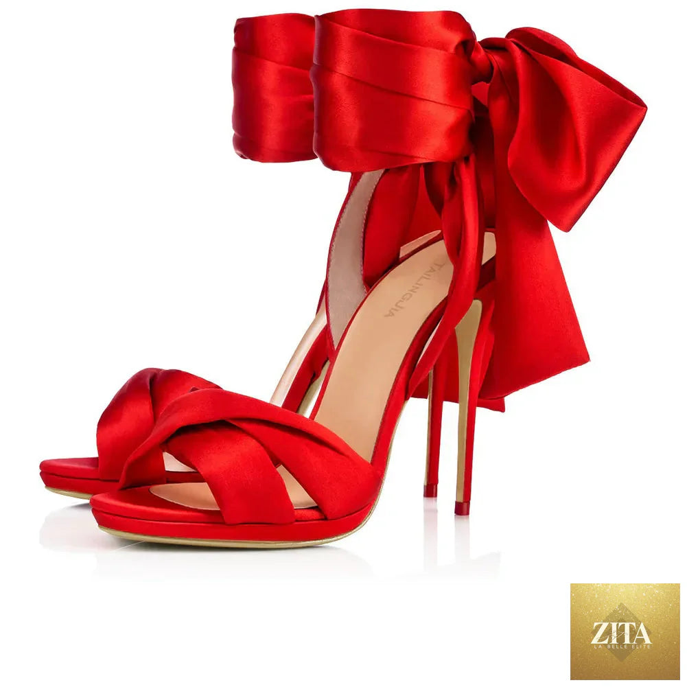 Summer satin bow cross-band open-toe women sandals with thin high heels, stylish and sexy footwear by SMinvite, LLC.