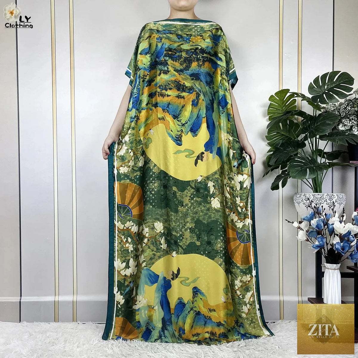 Women’s printed silk loose maxi summer dress with belt and turban, featuring a soft, flowy design perfect for parties and warm weather.