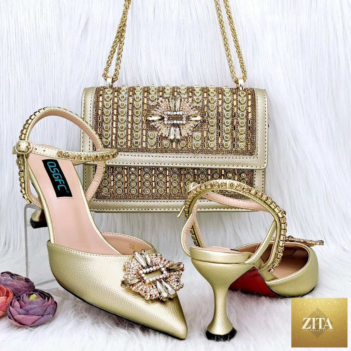 Luxurious EdleessFashion Italian shoes and bag set for evening parties, elegant design, perfect for formal occasions.