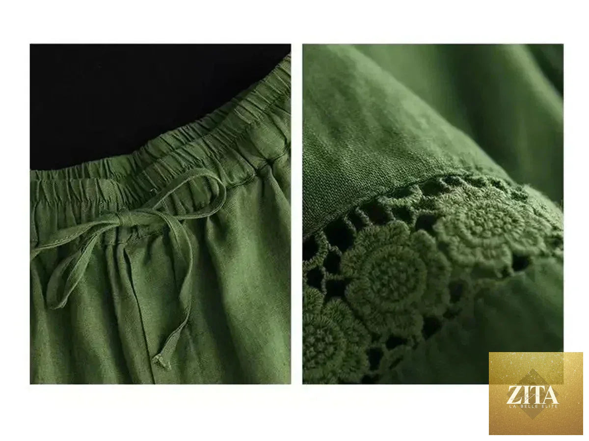 Femstylo vintage cotton linen high-waist shorts with tie-belt, embroidery, and hollow design, casual straight fit.