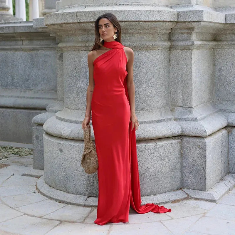 Backless lace-up maxi dress by Femstylo, sleeveless evening gown with ribbon details, perfect for formal parties and special occasions.