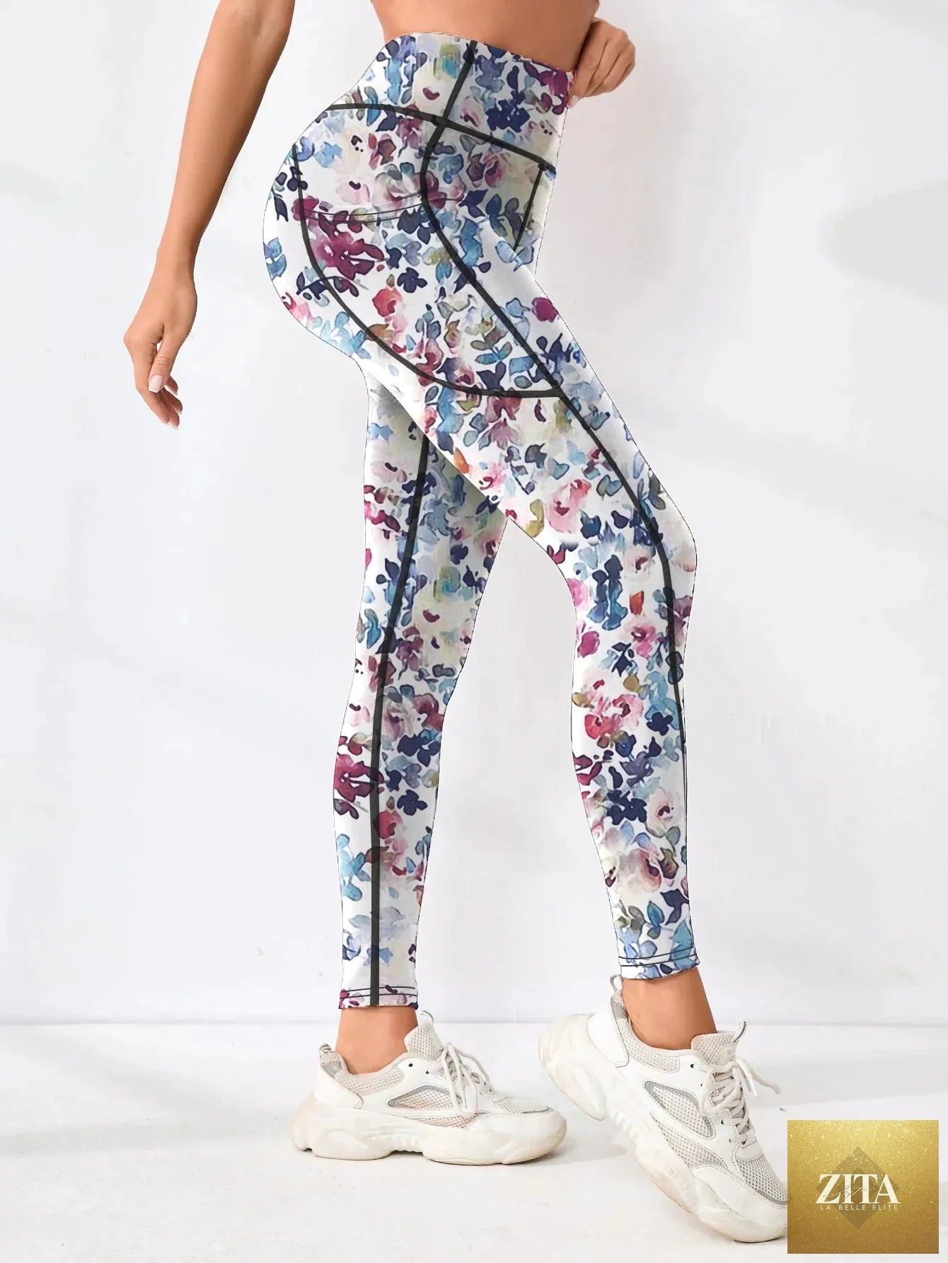 Printed high-waist pocket fitness leggings for women by FitiqueFit, featuring a stylish design and functional side pockets.