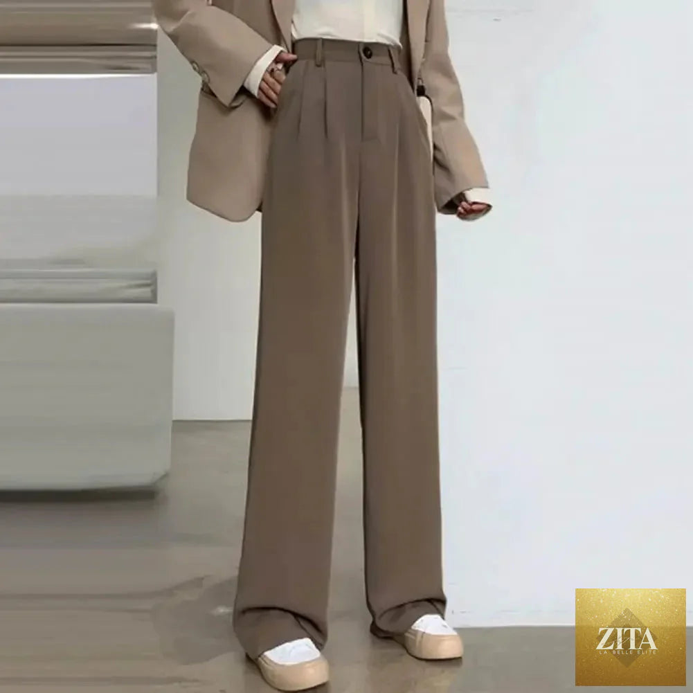 Women’s high waist straight wide-leg trousers by Ladyez with solid color, elastic waist, slant pockets, and loose fit for office wear.