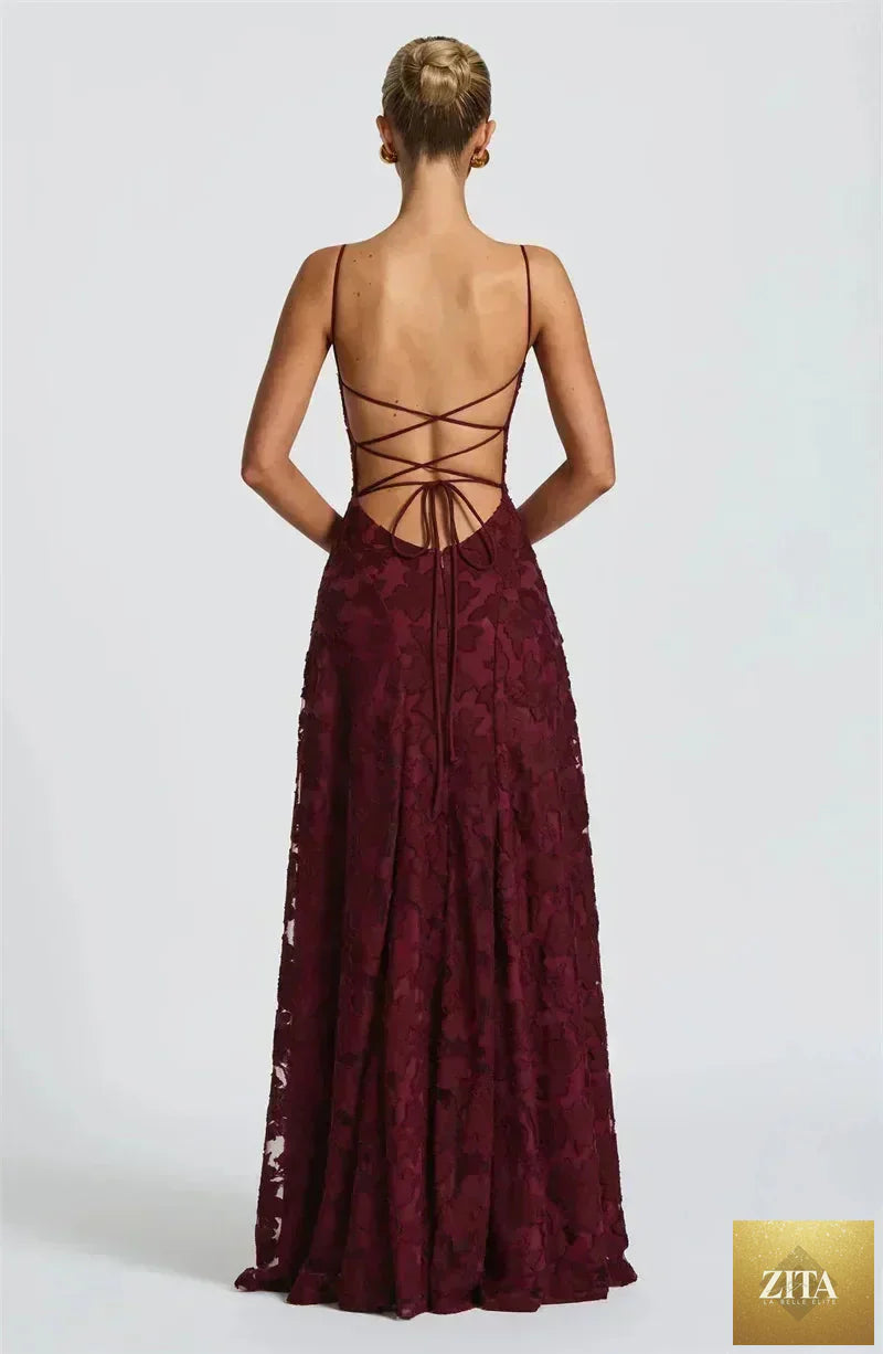 Femstylo women's backless spaghetti strap maxi dress with lace-up detail, off-shoulder, sleeveless evening gown for parties.