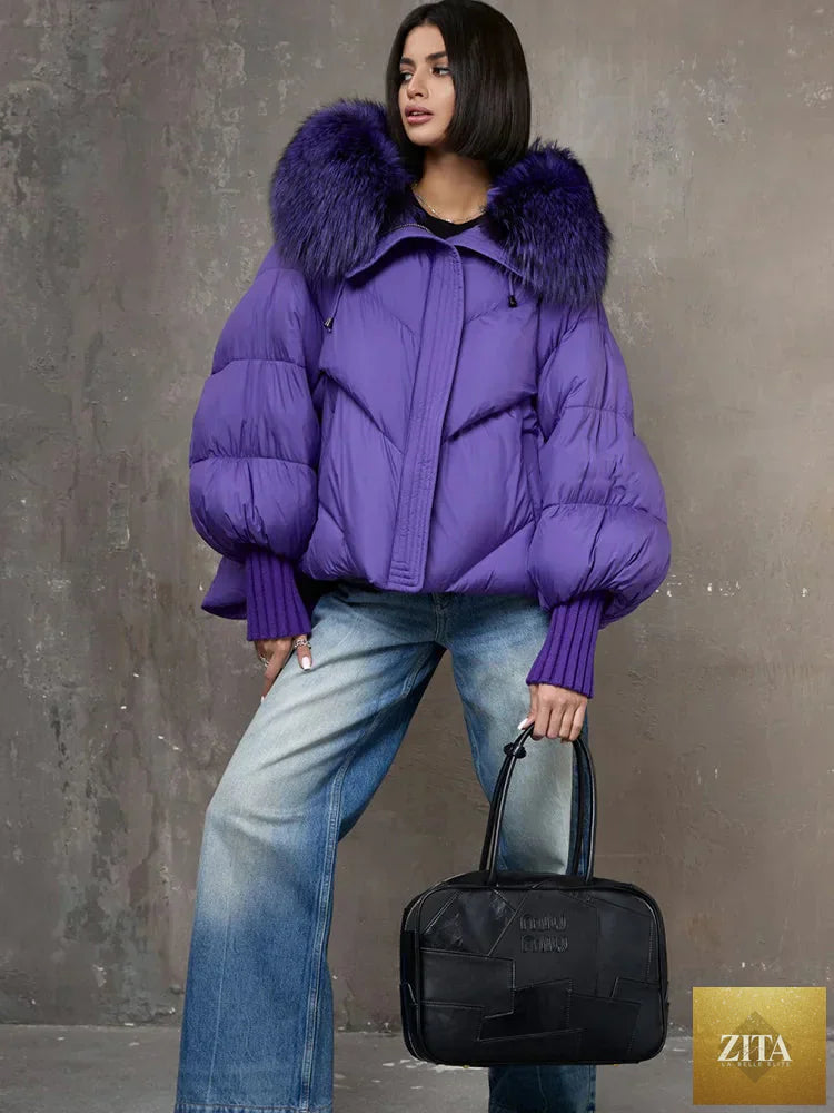 Women Winter Goose Down Jackets Real Fox Fur Collar Hooded Thick Natural Raccoon Fur Female Outwear Warm Loose Puffer Coats