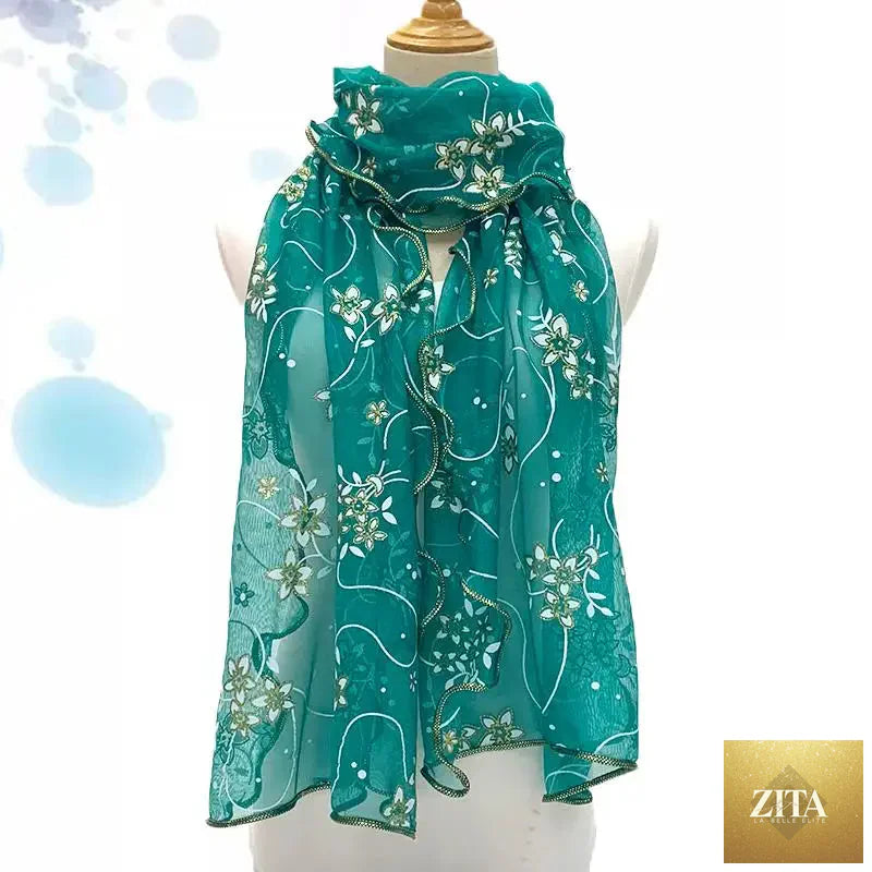 Elegant women’s lace scarf with lightweight silk fabric, printed design, ideal as a neckerchief or shawl wrap from Trendy Attic Store01.
