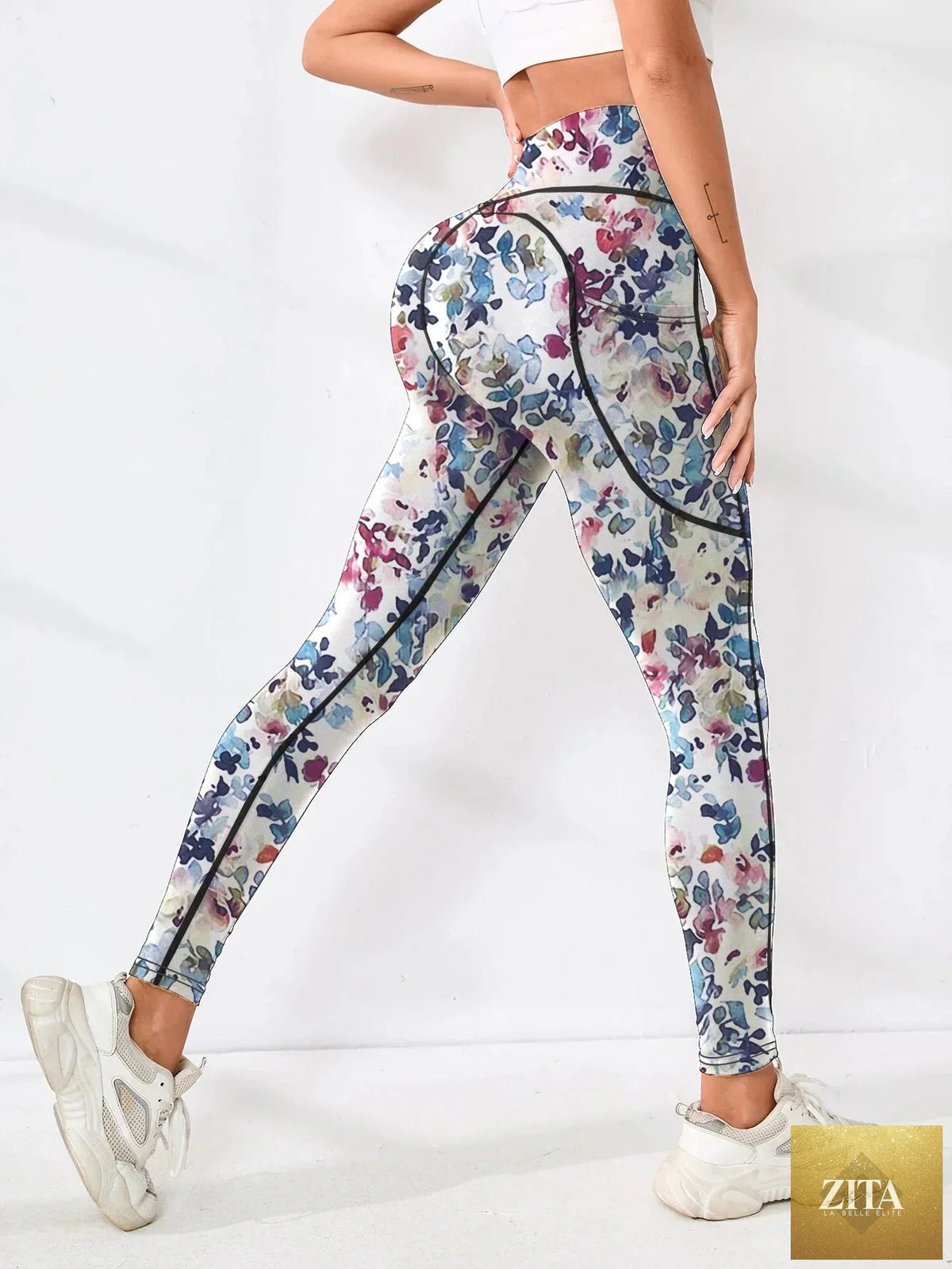 Printed high-waist pocket fitness leggings for women by FitiqueFit, featuring a stylish design and functional pockets for active wear.