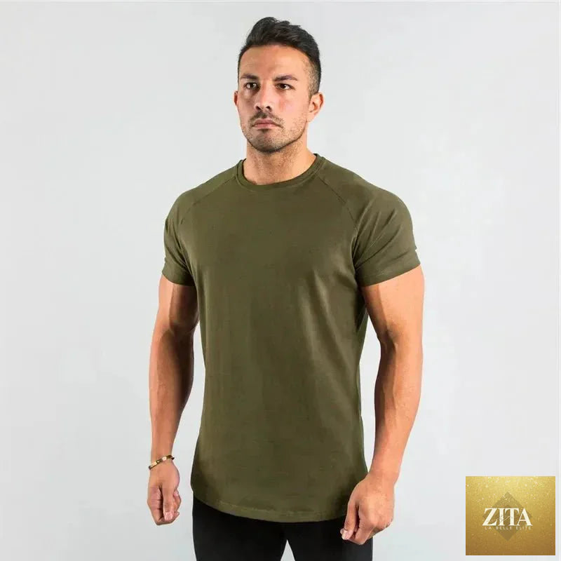 Mandotos men's casual short sleeve T-shirt with slim fit design, ideal for gym, fitness, and streetwear styles.