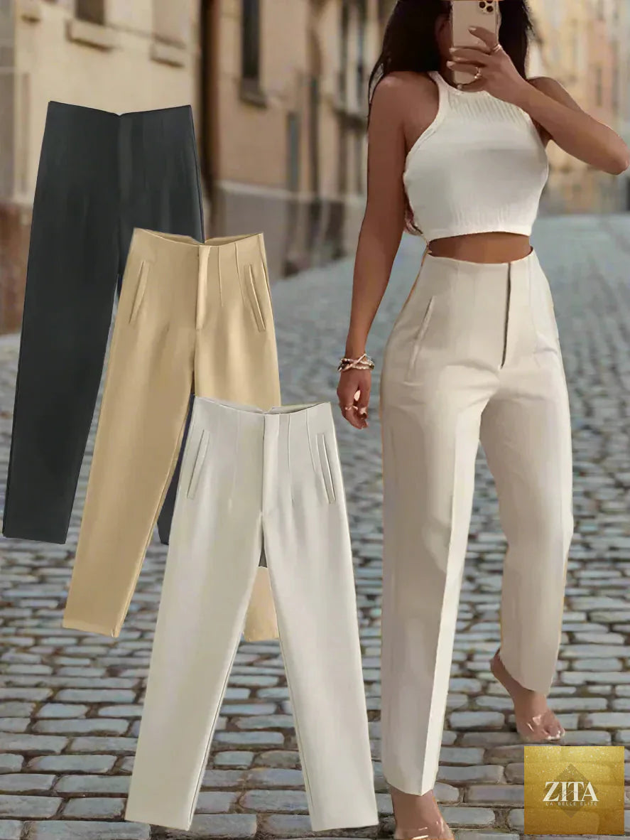 Women’s high waist slim casual trousers by Zita La Belle Elite, featuring a tailored fit and classic design in neutral fabric.