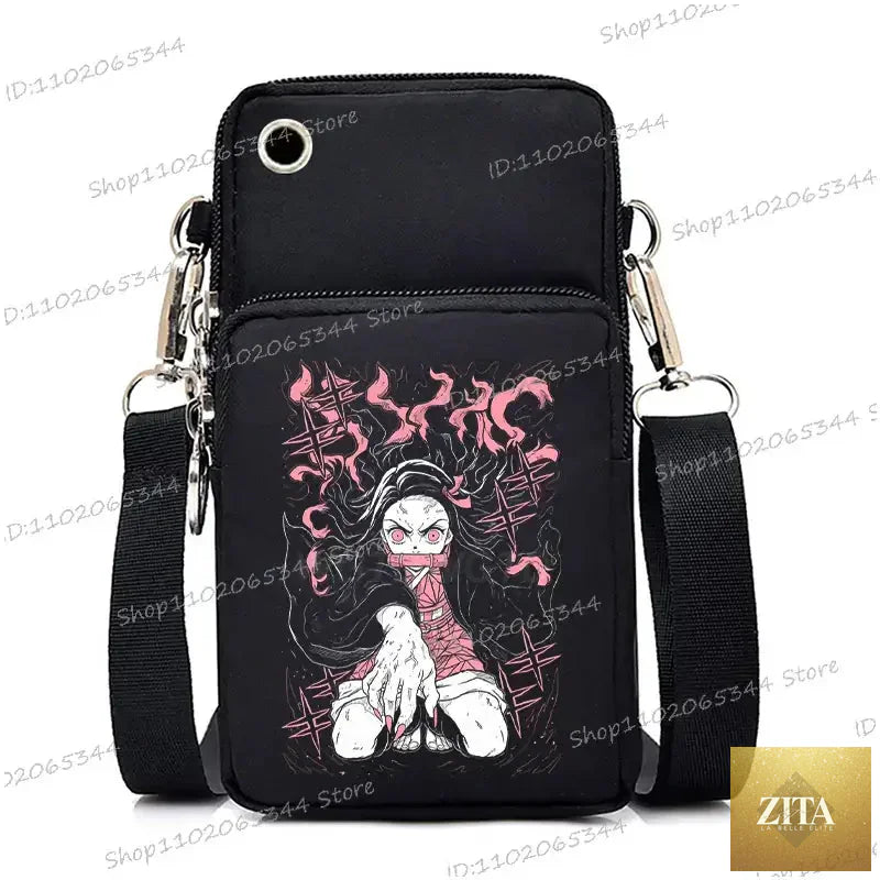 Zita La Belle Elite Demon Slayer phone bag featuring Nezuko and Mitsuri characters, designed as a compact crossbody purse with vibrant anime artwork.