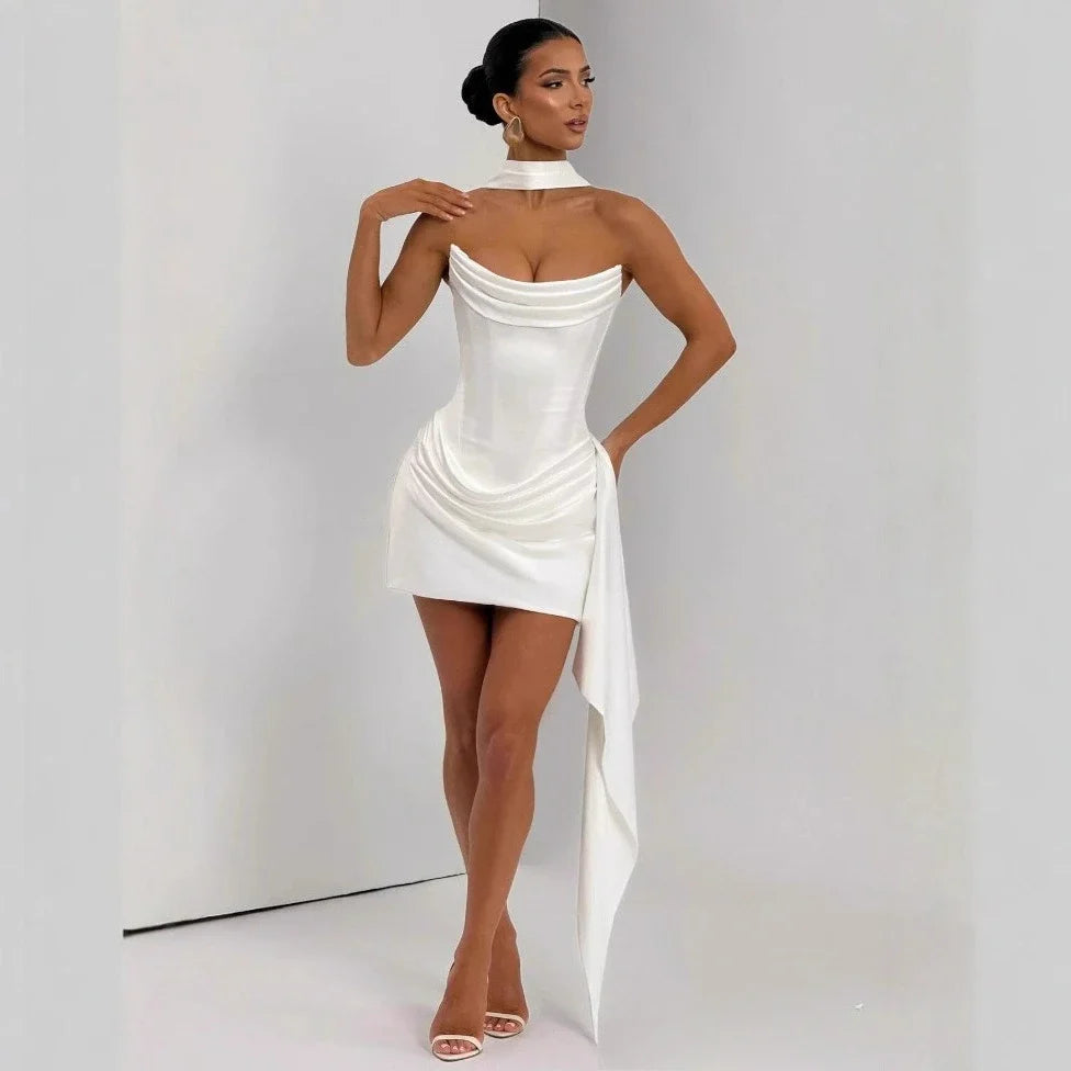 White satin strapless corset mini dress with draped design and matching scarf, suitable for cocktail parties by FLIPSTYLEZLLC