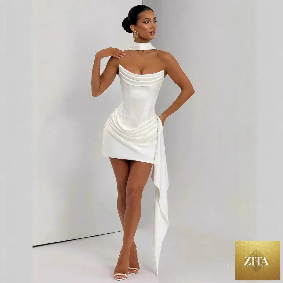 Elegant white satin strapless corset dress with draped design and matching scarf, perfect for women’s cocktail parties.