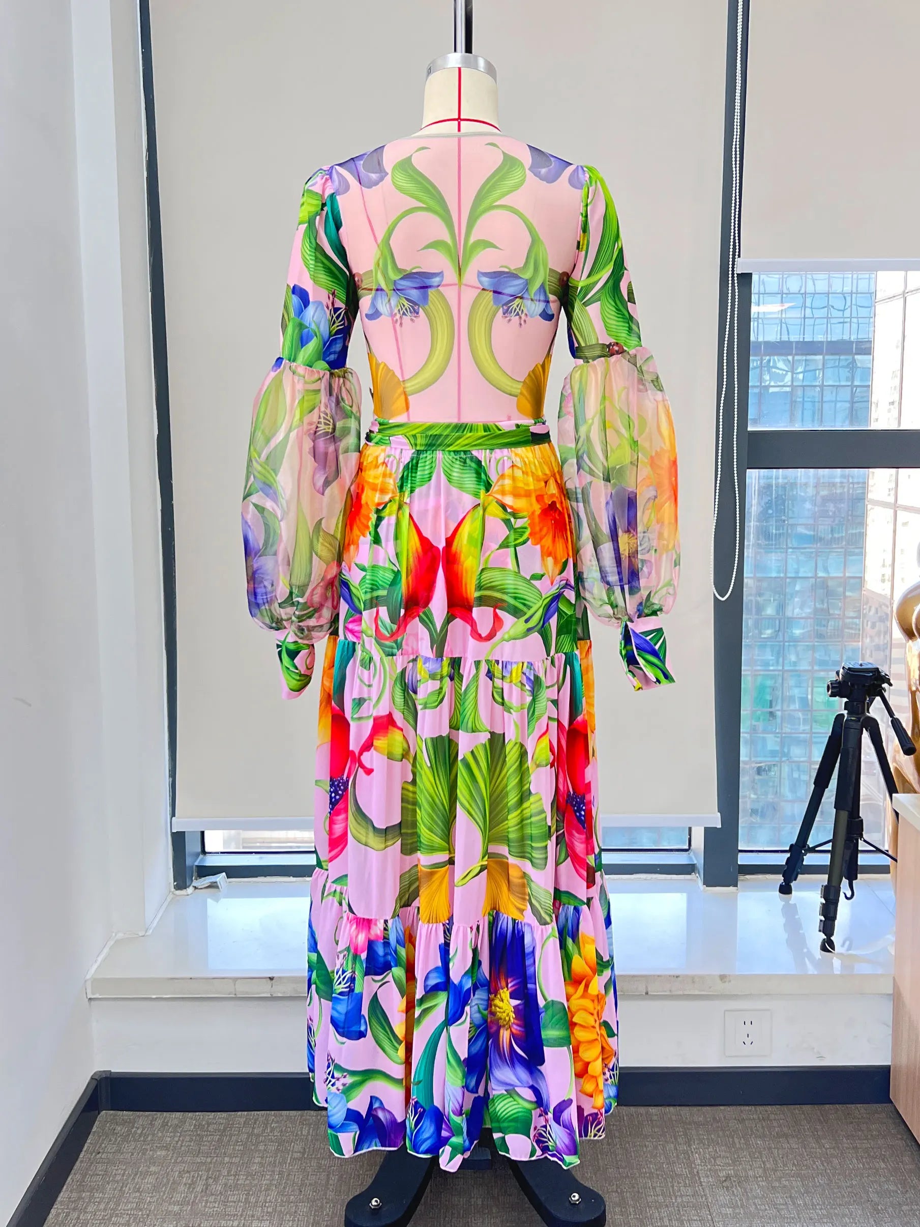 Swimwear 2PC Cover-up Swimsuit Ruffle Printed Deep V One-piece Kimono Bikini Suit
