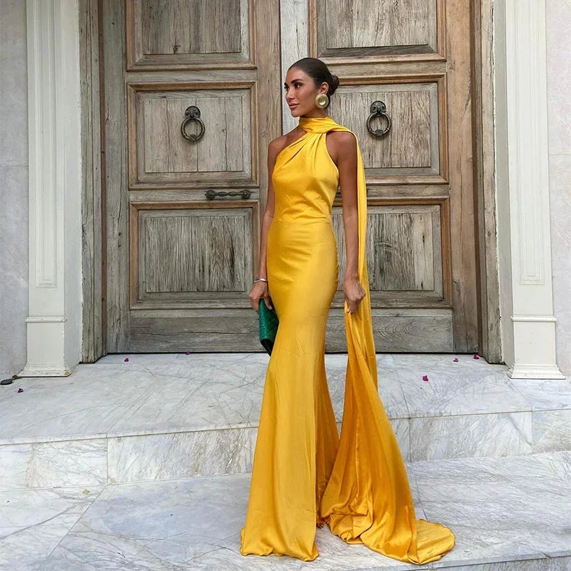 Femstylo backless lace-up maxi dress with ribbon sleeves, elegant sleeveless evening gown perfect for parties.