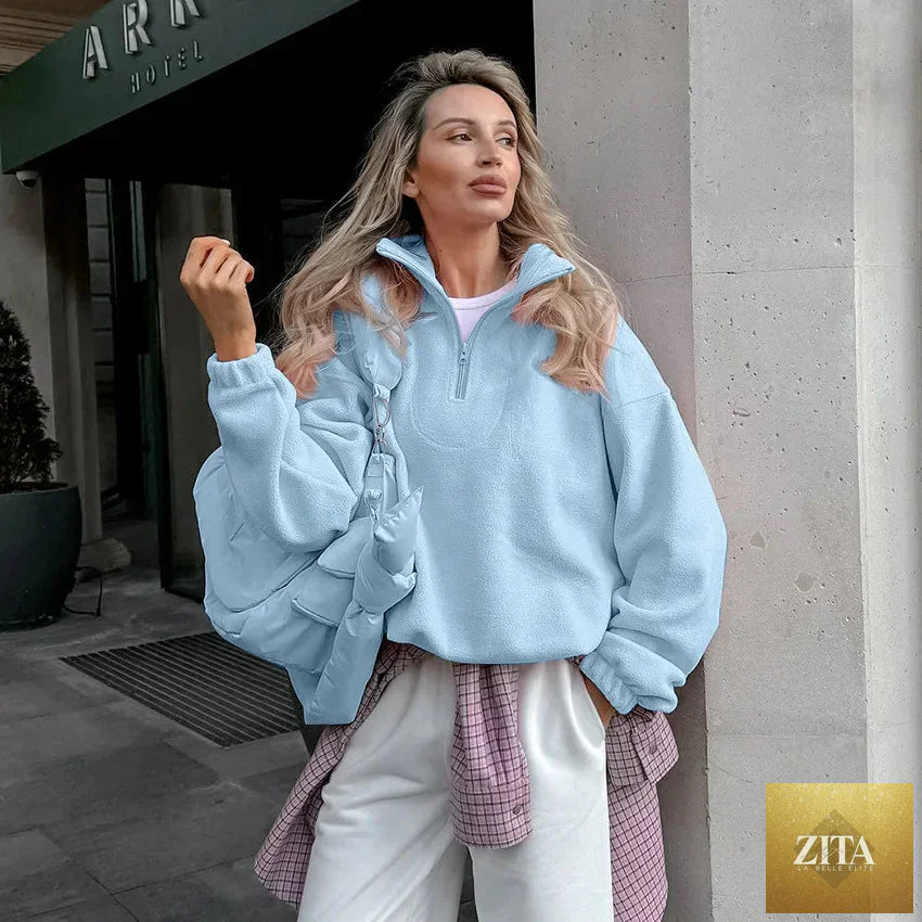 Women’s autumn winter fleece hoodie with stand collar, zipper, loose fit, solid design, casual streetwear by LadyShow.Store