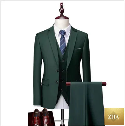Men's slim fit 3-piece suit including jacket, vest, and trousers by SMinvite, LLC, displayed on a hanger with a modern style.